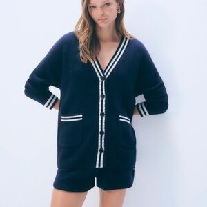 White + Warren Varsity Cardigan with White Stripe Trim 100% Cashmere